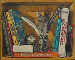 Bookshelf V, with feathers in a jam jar & an old travelling alarm clock- oils on panel 8 x 10 inches 