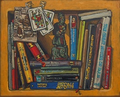 Bookshelf VII, with Spanish playing cards & a polychromed Qing dynasty Lancer- Oils on panel 8 x 10 inches