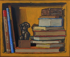 Bookshelf VIII, with small bronze torso by the artist- Oils on panel 8 x 10 inches