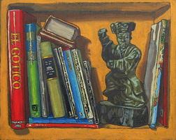 Bookshelf, with Qing dynasty, polychromed wood dancer- Oils on panel 8 x 10 inches