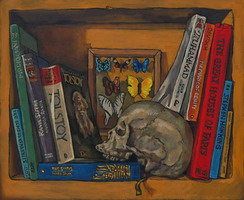 Bookshelf VI, with skull & butterflies- Oils on panel 8 x 10 inches