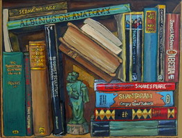 Bookshelf III, with Ming dynasty polychromed wooden figure- Oils on wood panel 8 x 10 inches