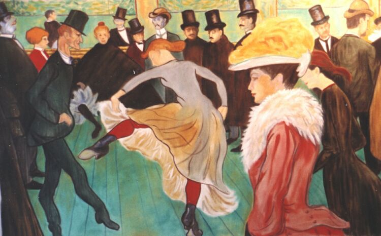 Painting, oils on canvas. Toulouse Lautrec- Dance at the Moulin Rouge. Re-composed slightly for the dimensions the client required. In the next image, the same painting re-composed more drastically for a client who wanted a vertical composition. 
