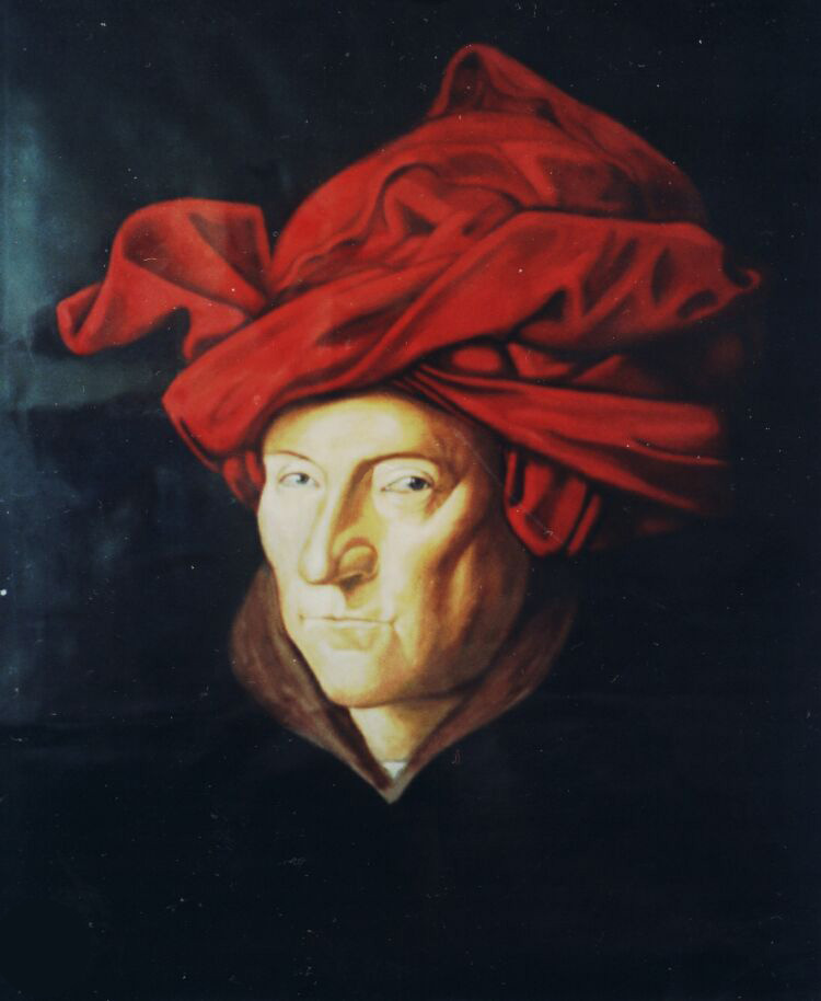 Painting, oils on paper. Copy of a self portrait by Van Eyck. 