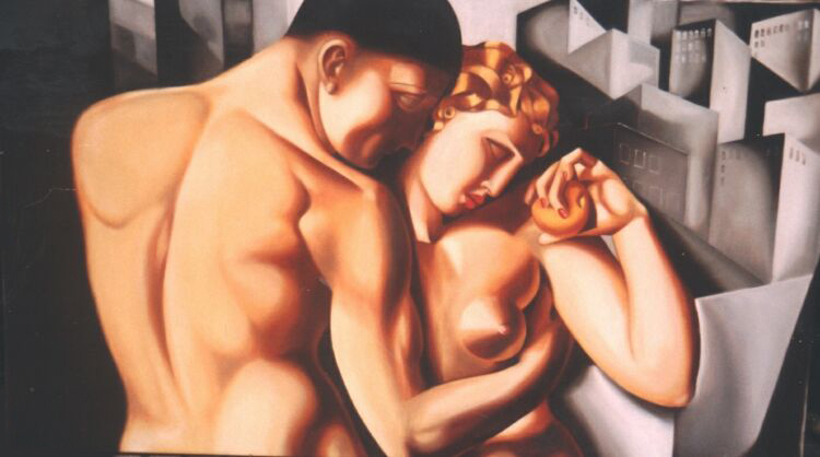 Copy, Tamara de Lempicka. Oil on canvas. The client wanted this painting of Adam & Eve in a horizontal format instead of the original's vertical composition, so I cut Tamara's full standing figures to half & extended the background. 100 x 180 cm (39 x 71 in) 