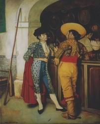 Painting, oil on canvas- Spanish bodega in bull-fighting ring.