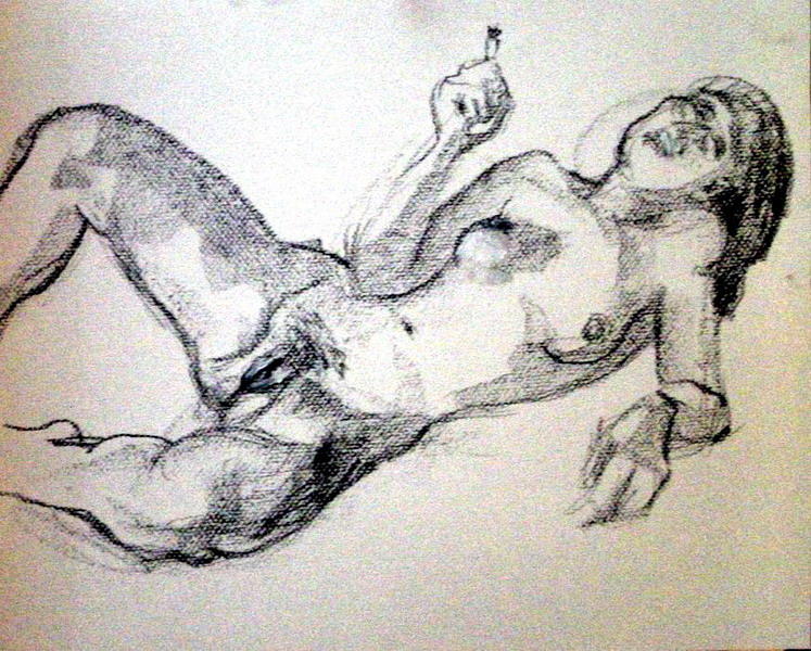 Drawing, nude study, charcoal on watercolour paper. 