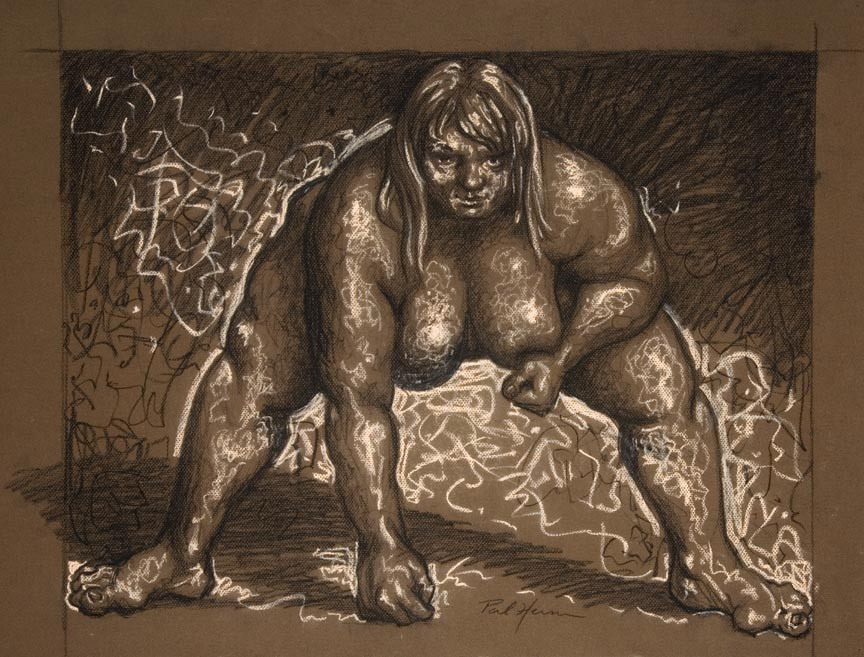 Drawing, Conte crayon on pastel paper. I did this drawing from a photo in an article about an actual female sumo wrestler, I thought she was beautiful & powerful & removed the slight bathing costume she wears when she wrestles. 