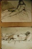 Two nudes, charcoal & watercolour. Each 30 x 40 cm