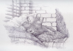 Drawing, Old woman sleeping, ball-point pen. 30 x 40 cm