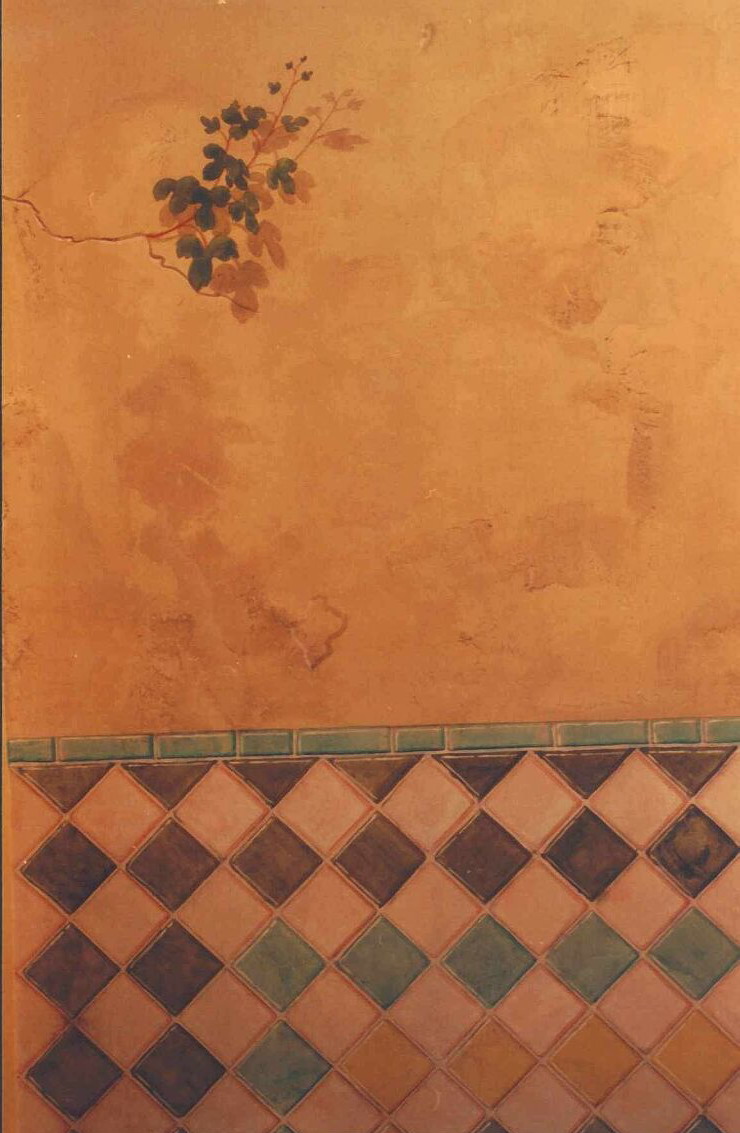 Mural: a detail of the painted Al-Andalus tiles & grape vine breaking through a painted crack.
