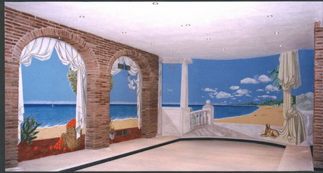 Painted walls around indoor swimming pool.