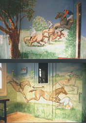 2 views of Grand National mural covering entire sauna room.