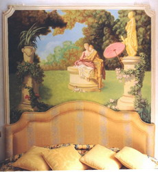 Headboard mural on canvas & fitted to molding. Using elements of Boucher paintings.