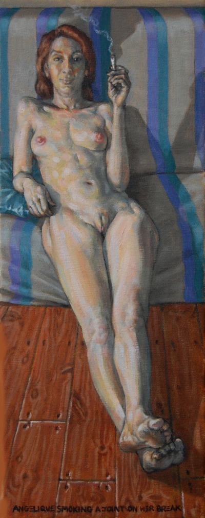 Nude, oil on canvas. Angelique smoking a joint on her break.