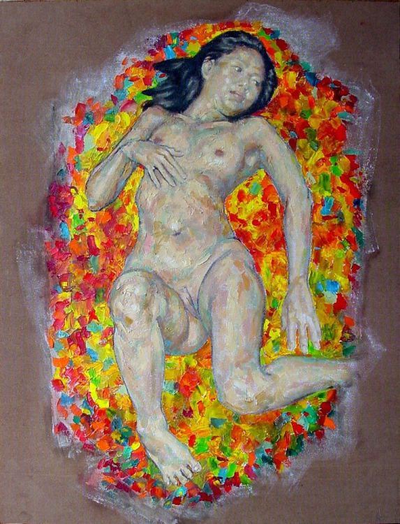 Nude, oil on masonite. Patches.