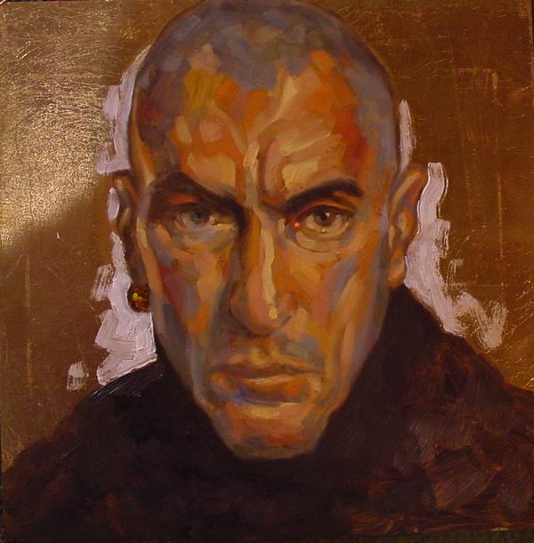 Portrait: Oil on board. Self portrait on gold leaf ground with shaved head, 50 x 50cm (19 x 19in) 2004. 