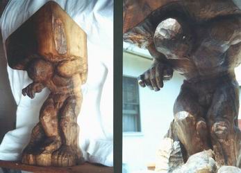 Sculpture- Sysiphus carved of black walnut root, 60 cm tall.