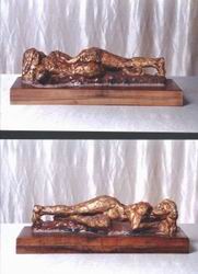 Sculpture- clay figure w/gold leaf & tar polychroming, 30 cm long.