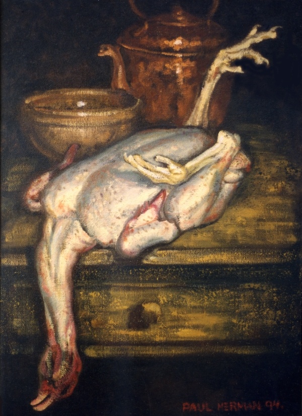 Painting, oils on hemp potato sack. Still life with plucked chicken. 92 x 65cm 
