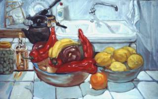 Painting, oil on pastel paper, Atalbeitar, kitchen (oil on paper) 47cm x 64cm (19in x 26in)